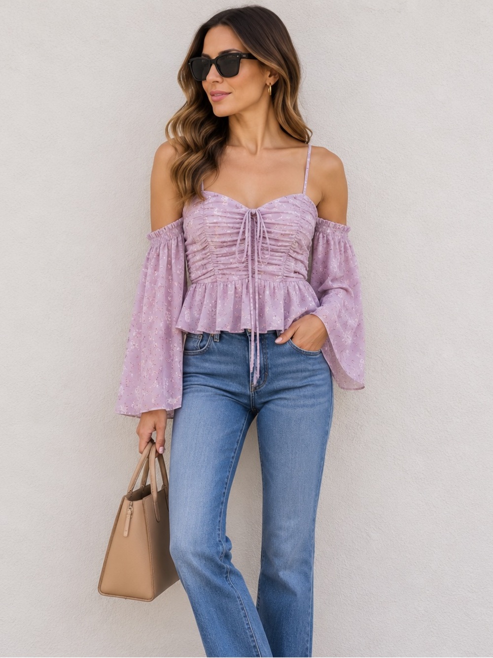 NWT Astr the Label Off the Shoulder Pink Ivory Floral Top size Small
